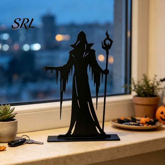 Dark Wizard Silhouette Ornament Wooden Gothic for Halloween Tabletop Decoration, Black Creative Table Centerpiece Witch Statue with Scepter Home Party