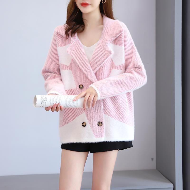 Autumn and Winter Thick Mink Velvet Women's Coat Loose with Suit Collar Knitted Cardigan Sweater Women's Outer Match