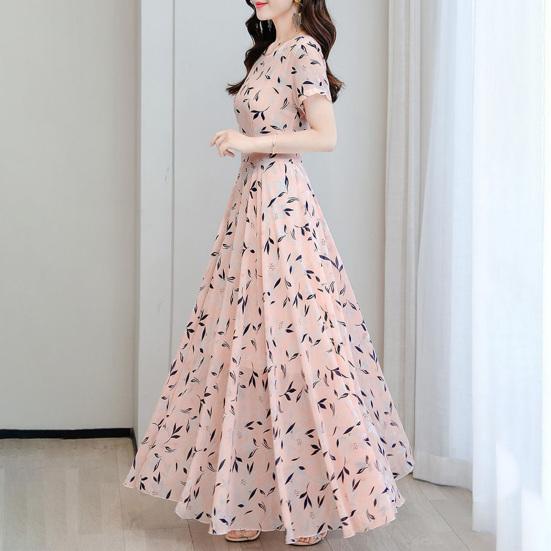 Женское летнее шифоновое струящееся макси-платье, повседневное платье А-силуэта с коротким рукавом и круглым вырезом, длинное платье с цветочным принтом, пляжный сарафан в стиле бохо