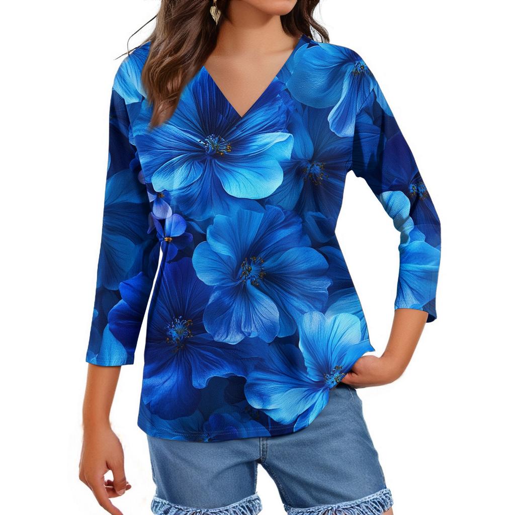 Женские топы, рубашка с рукавом три четверти, свободная повседневная рубашка с V-образным вырезом, футболка с цветочным принтом