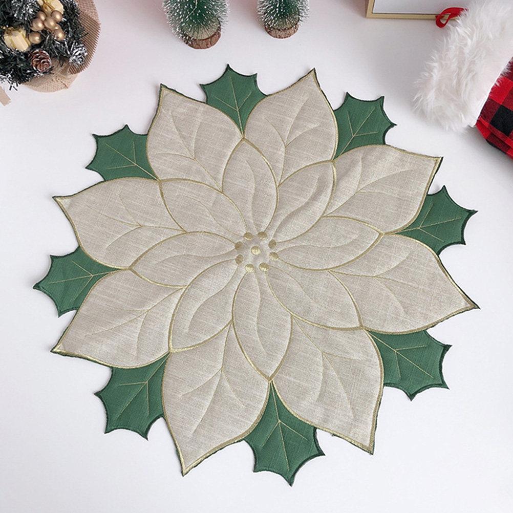 4Pcs Reusable Placemats Christmas Poinsettia Embroidery Insulated Table Mat Set Decorative Dinning Plate Mats for Home Holiday