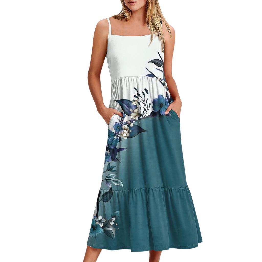 Женское длинное пляжное повседневное элегантное платье макси на тонких бретельках с цветочным принтом, струящееся платье в стиле бохо