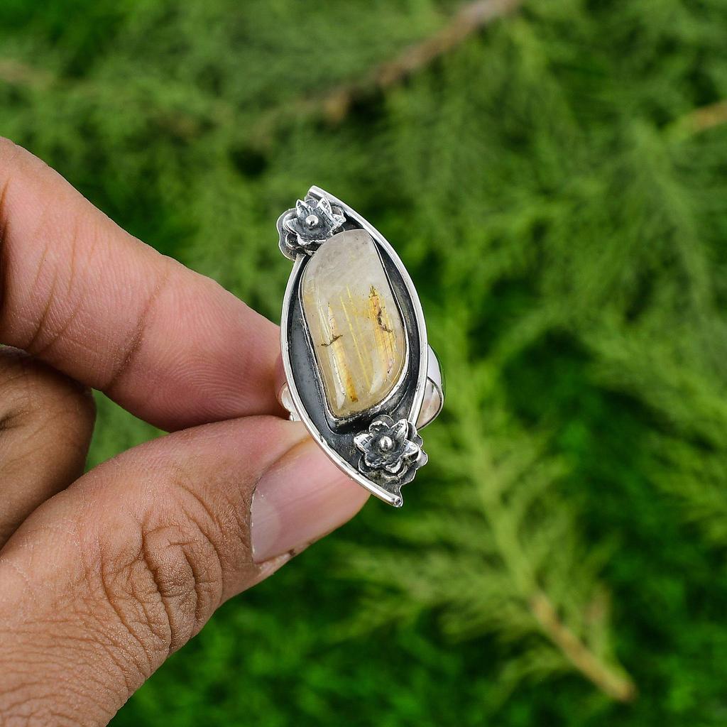 Golden Rutile Gemstone 925 Sterling Silver Elegant Stackable Flower Ring Jewelry