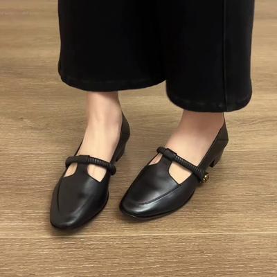 Версия из овчины~ Ретро камелия круглый носок Мэри Джейн женские туфли для работы T-образный ремешок с мелким вырезом Французский темперамент толстый каблук одинарные туфли