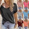 Fashion Womens Summer V-neck Solid Color Short-sleeved Loose T-shirt Top