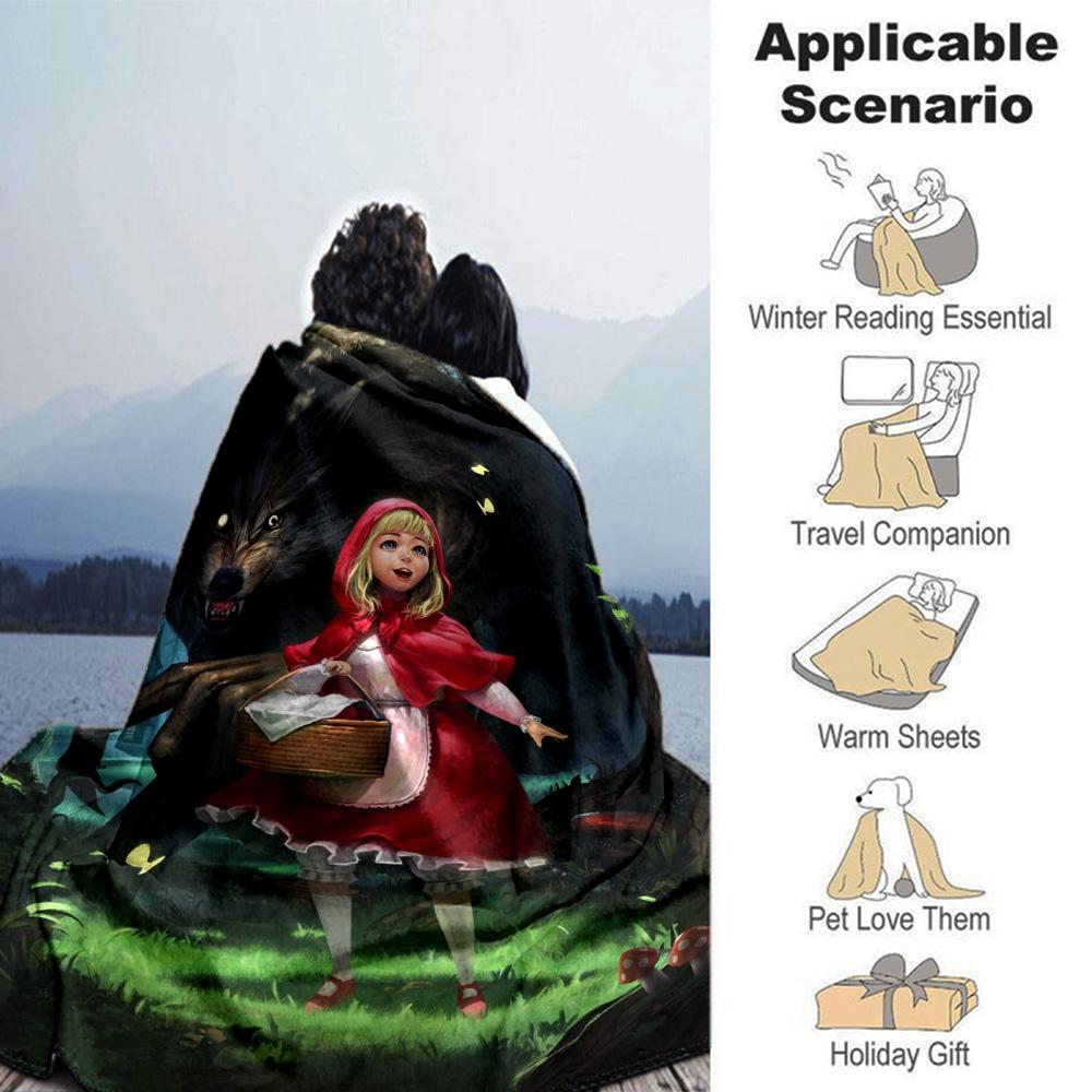 Little Red Riding Hood Big Wolf Dark Forest Fairy Tale Print Flannel Blanket Soft Warm Throw Blanket For Sofa Bedroom