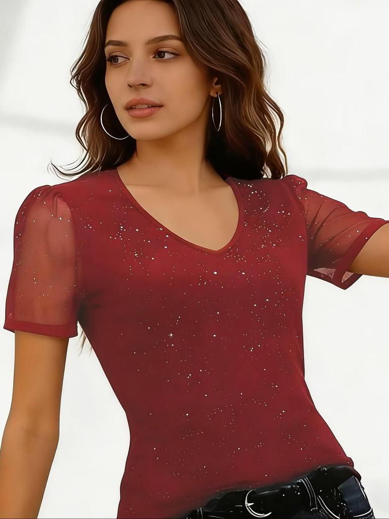 Женская модная футболка с V-образным вырезом, сетчатая, с коротким рукавом, весна/лето 2026