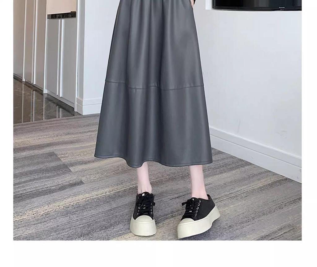 2024 Autumn/Winter PU Leather Mid-Length Skirt: Versatile Fashion Umbrella Design with Elastic Waist.