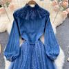 Весеннее новое платье с воротником-стойкой и застежкой на талии, элегантное платье-рубашка из денима с сетчатой строчкой и эффектом старения