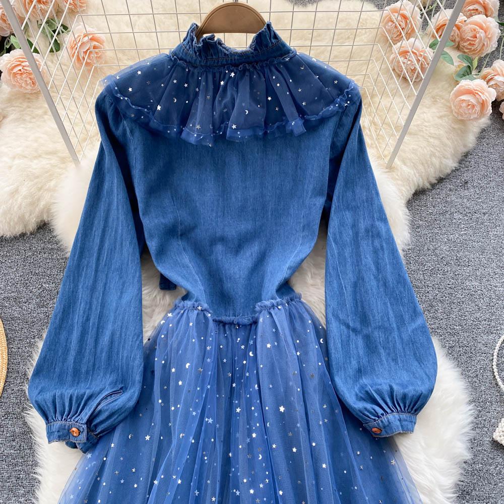 Весеннее новое платье с воротником-стойкой и застежкой на талии, элегантное платье-рубашка из денима с сетчатой строчкой и эффектом старения