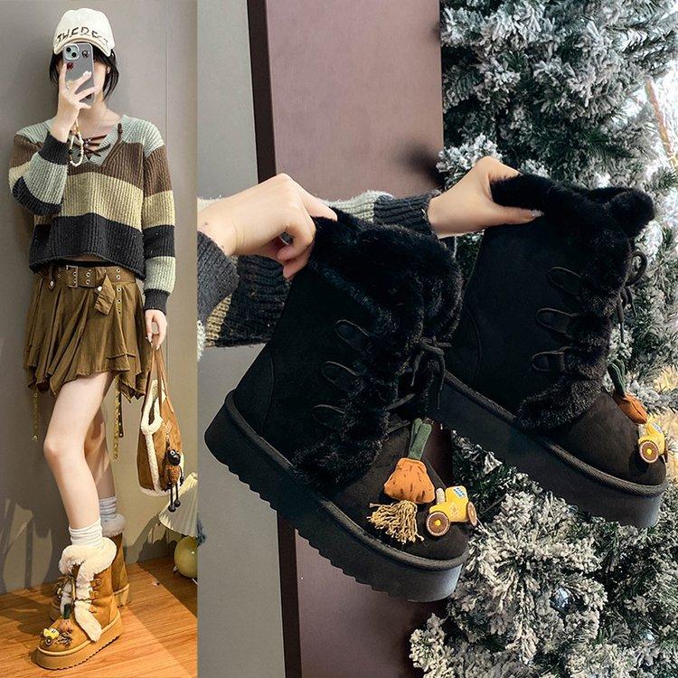 Женские зимние ботинки 2025 осень и зима новая универсальная толстая подошва пушистые ботинки с интегрированным мехом и набивным утолщенным хлопком для Северо-Востока