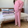 Комплект из 2 предметов унисекс, зимняя пижама, круглый вырез, однотонный утолщенный коралловый флис, домашняя одежда, топ и штаны, свободная домашняя одежда, женская ночная одежда