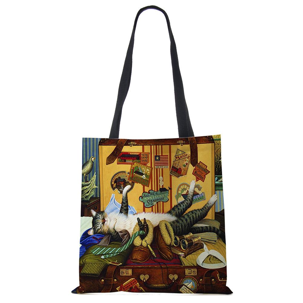 Женские дизайнерские большие сумки с принтом кота на заказ, льняная многоразовая сумка для покупок, сумки на плечо для женщин, 2020