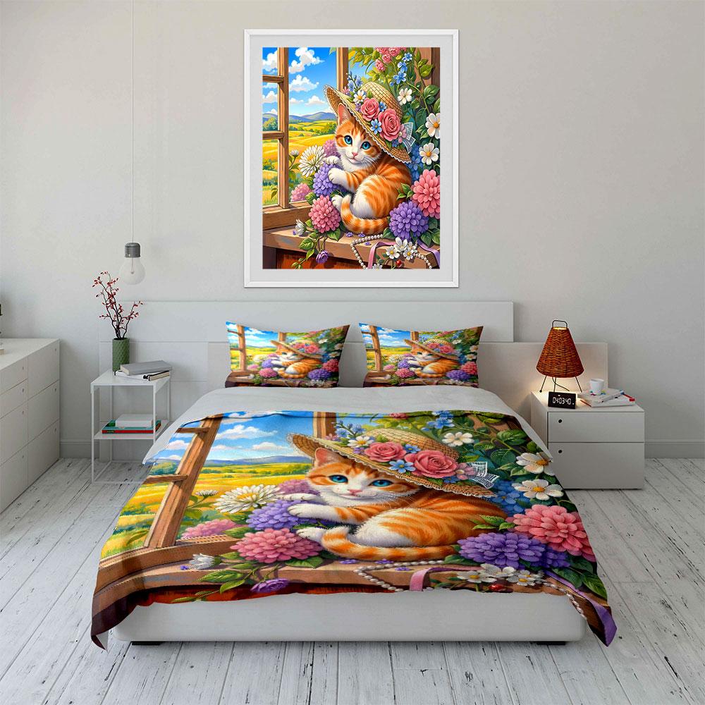 Orange Cat with Floral Hat Bedding Duvet Cover Set (1*Duvet Cover 2*Pillowcases, without duvet insert)
