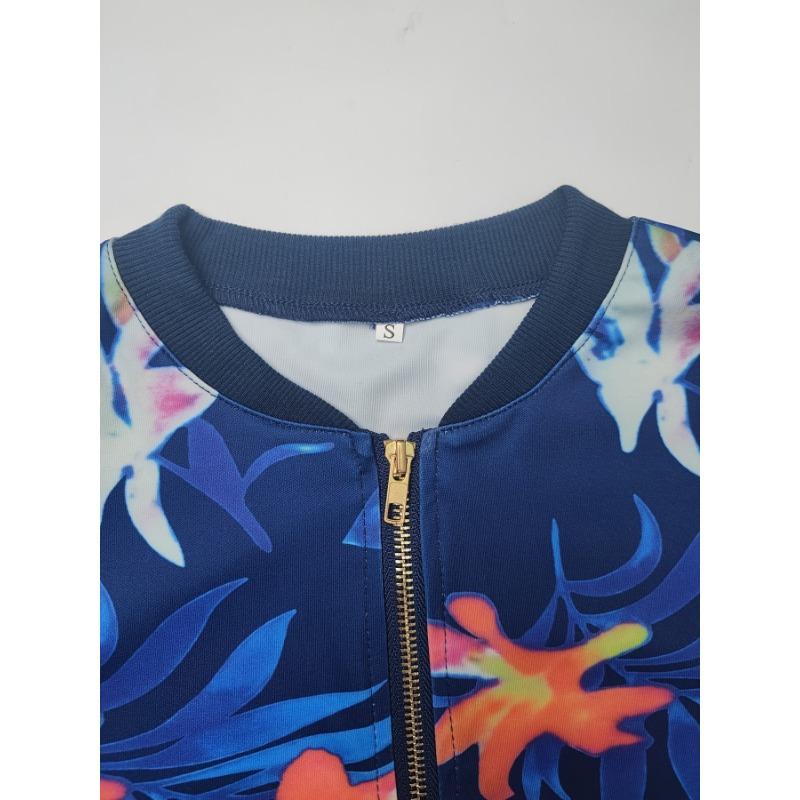 Куртка на молнии с цветочным принтом, куртка с длинными рукавами и круглым вырезом, повседневная верхняя одежда для осени и зимы, женская одежда