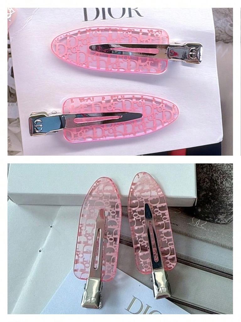 DIOR 2 Pcs Pink Transparent Logo Hair Clips Metal Alligator Barrettes Fashion Women Bangs Hair Accessories Daily Decor