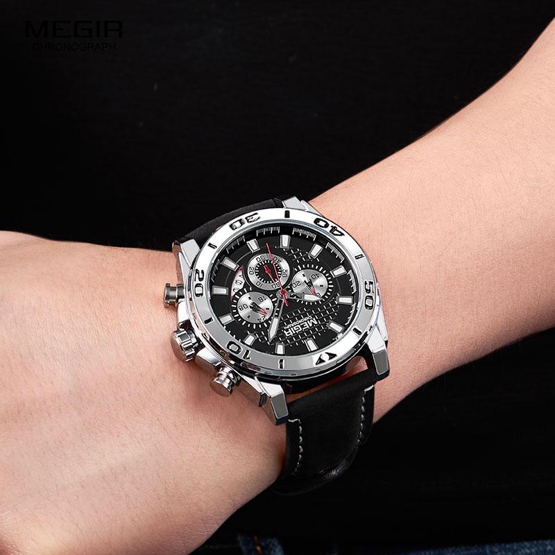 Men's Army Sports Chronograph Quartz Watches Leather Strap Luminous Waterproof Wristwatch Man Relogios Clock 2094 Silver