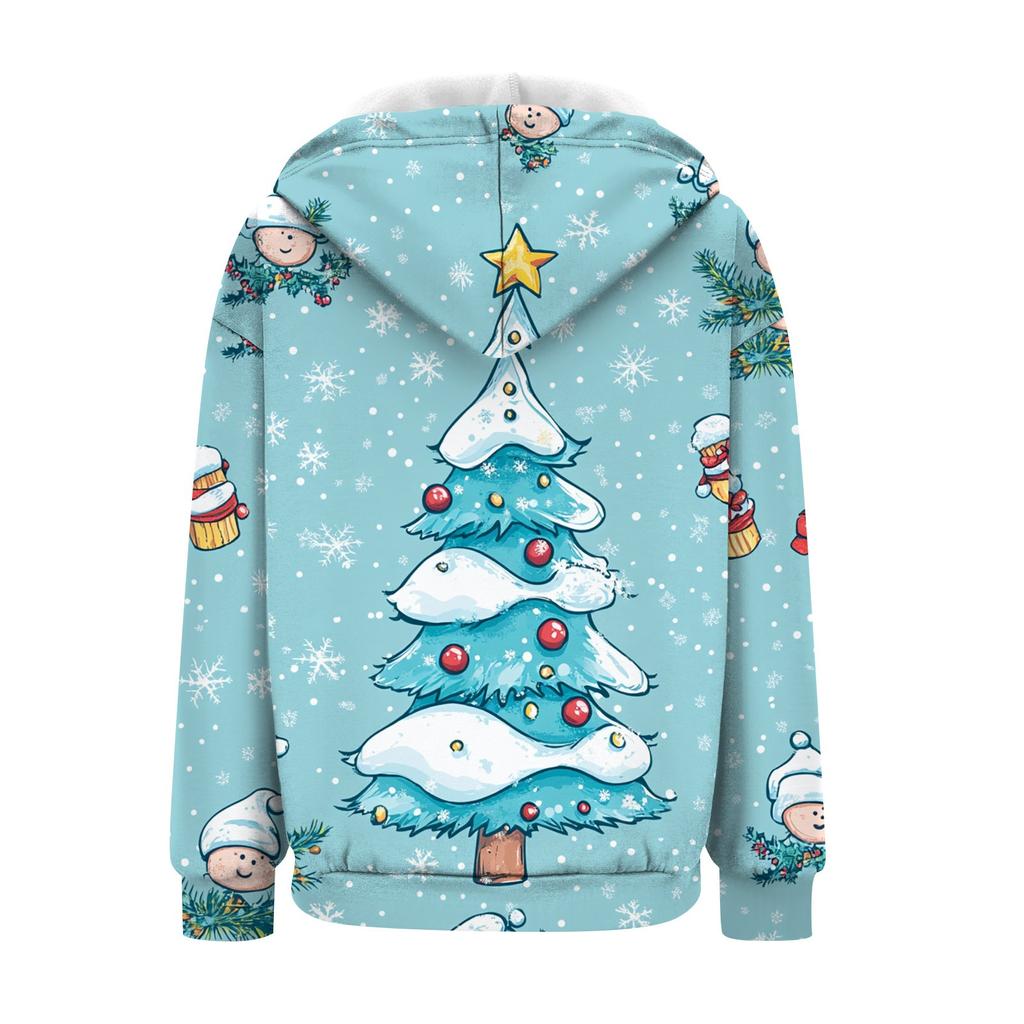 Женская рождественская печатная толстовка осень-зима с длинным рукавом кардиган куртка с карманами на молнии толстовка с капюшоном верхняя одежда