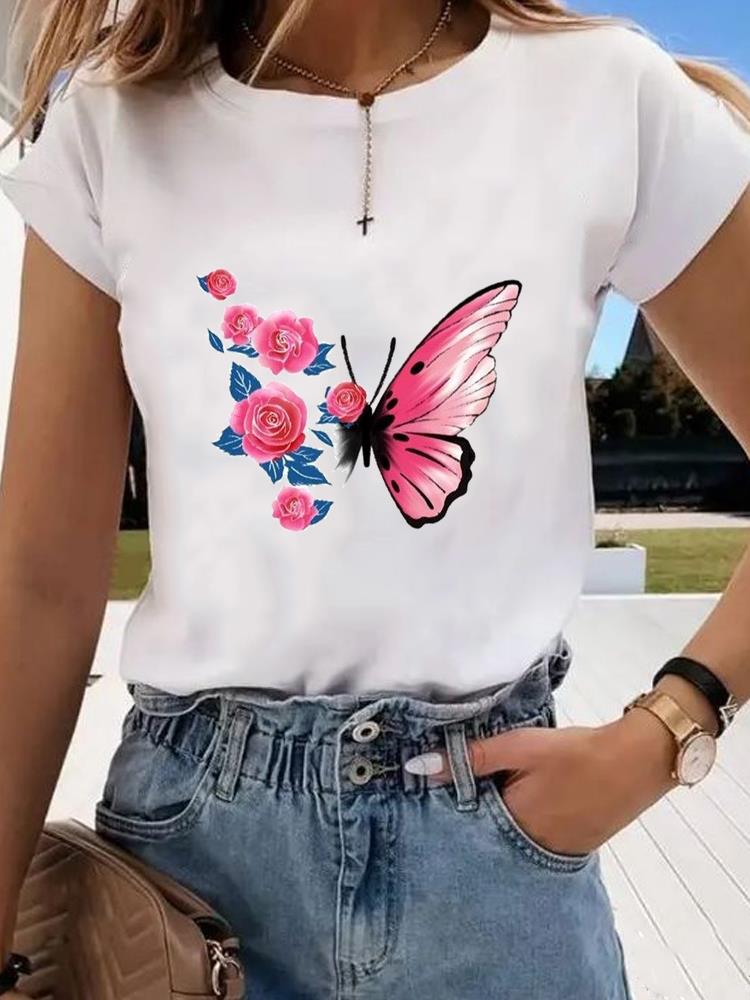 (Азиатский размер)  цветок милый тренд милый Графическая футболка Мода Т Одежда Женский топ Принт Женский Повседневный Футболки с коротким рукавом