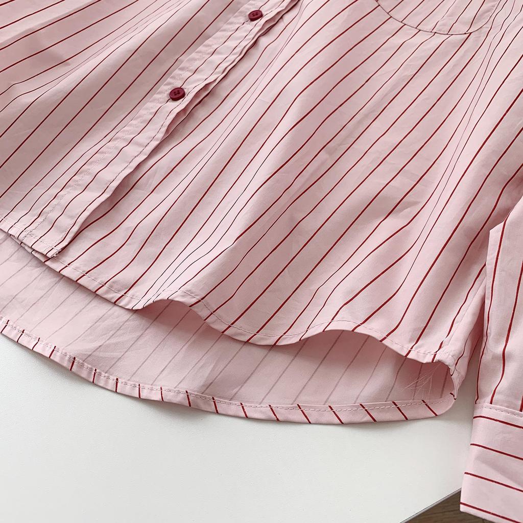 Women's Pink Pinstripe Embroidered Polo Collar Long Sleeve Shirt - Korean Spring Design