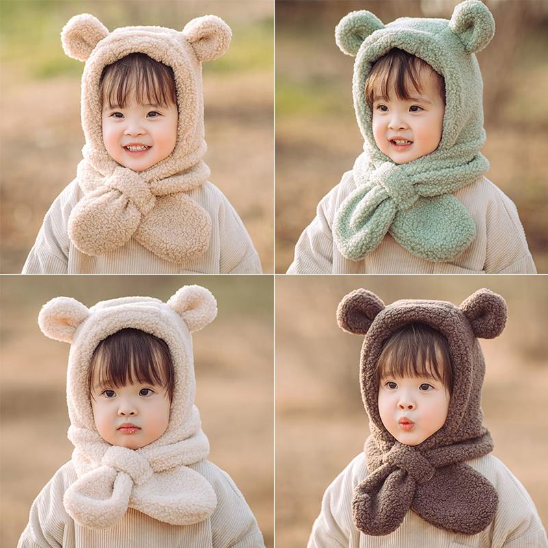Cute Bear Baby Plush Hat Scarf Winter Lamb Fleece Ear Protection Cap for Toddler Boy Girl Cartoon Warm Kids Beanie Caps