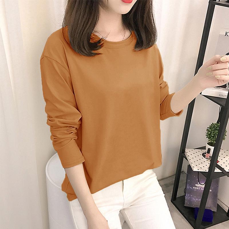 Осень 2023 г. Корейские топы с рисунком - женские футболки с длинными рукавами в однотонных цветах