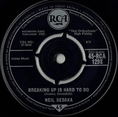 7-дюймовая пластинка NEIL SEDAKA - Breaking Up Is Hard To Do 45RCA1298 RCA 1962 Великобритания Рок Б/У
