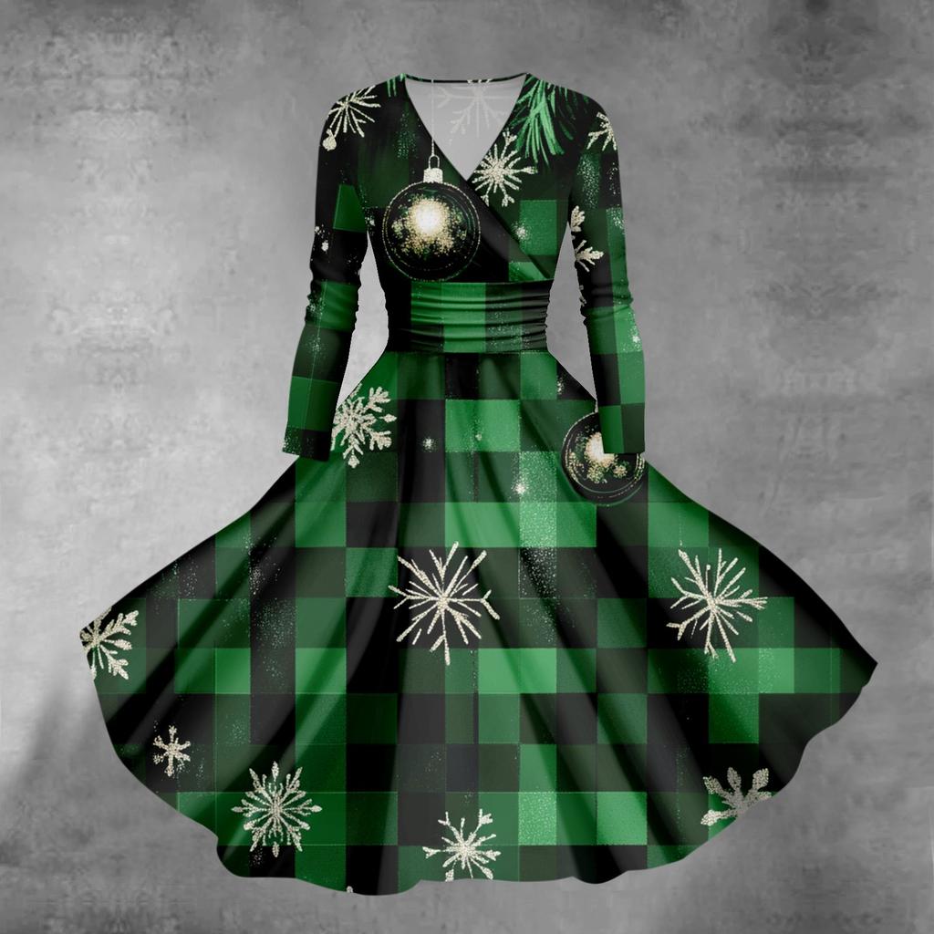 Женское облегающее платье свободного кроя с принтом рождественской елки и снежинок, V-образным вырезом и длинными рукавами
