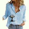 Women Fashion Buttoned Shirt Spring&summer Thin Cotton Linen Top Casual Cat Print Long Sleeve Blouse
