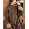 Autumn and Spring Women Pullover Sweaters Mock Neck Item Rolled Edge Long Sleeved Top Patchwork Print Floral Knitted Cotton Women Sweaters