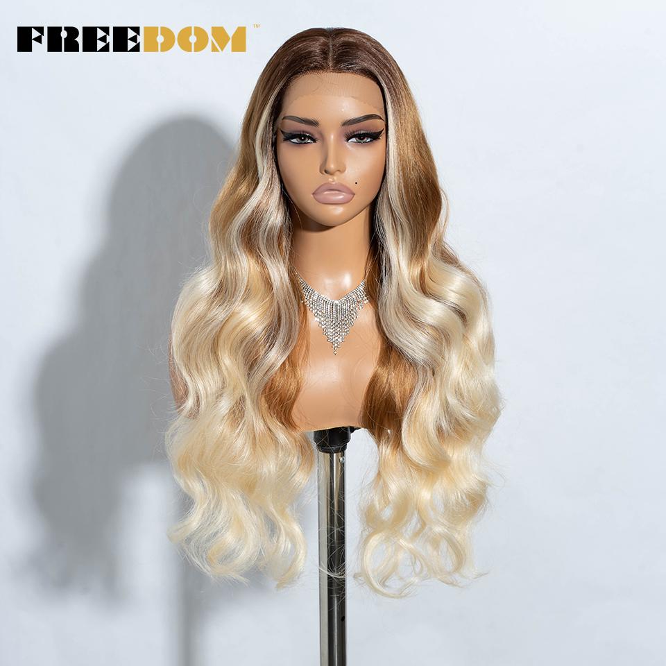 FREEDOM Synthetic Lace Front Wigs For Women Long Wavy 30" Body Wavy Long T Part Lace Wig Ombre Blonde Ginger Blue Cosplay Wig