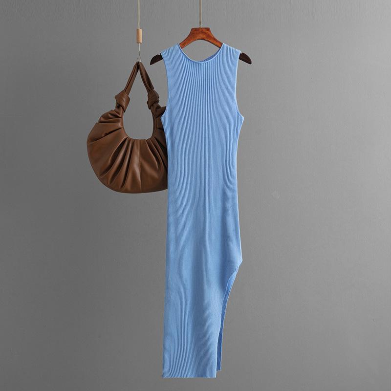 Женское осеннее винтажное сексуальное вязаное платье с открытой спиной и высокой талией, тонкое платье с разрезом