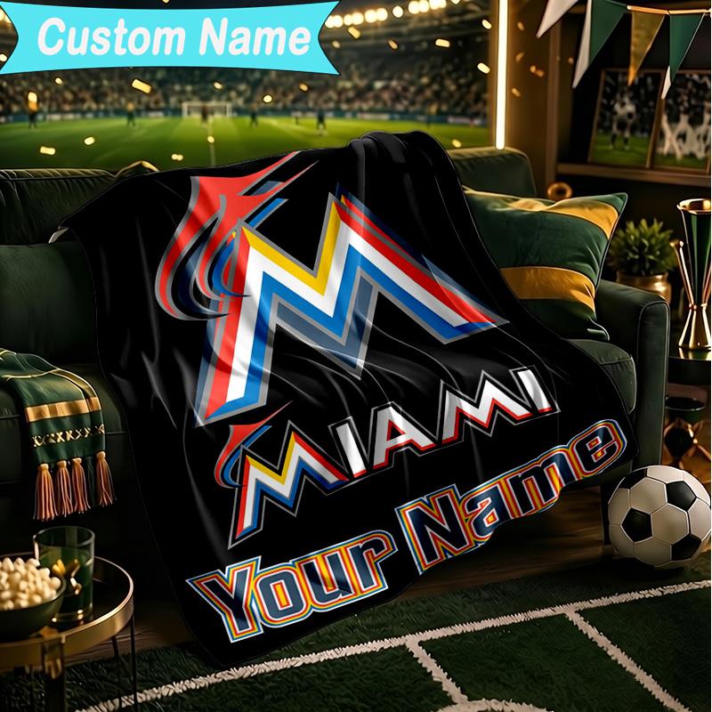 1PC Custom Name Blanket Marlins Team Logo Art Flannel blankets Patterns Throw Blanket All-Season Soft Gift for Couch, Bed, Camping, Birthday gifts