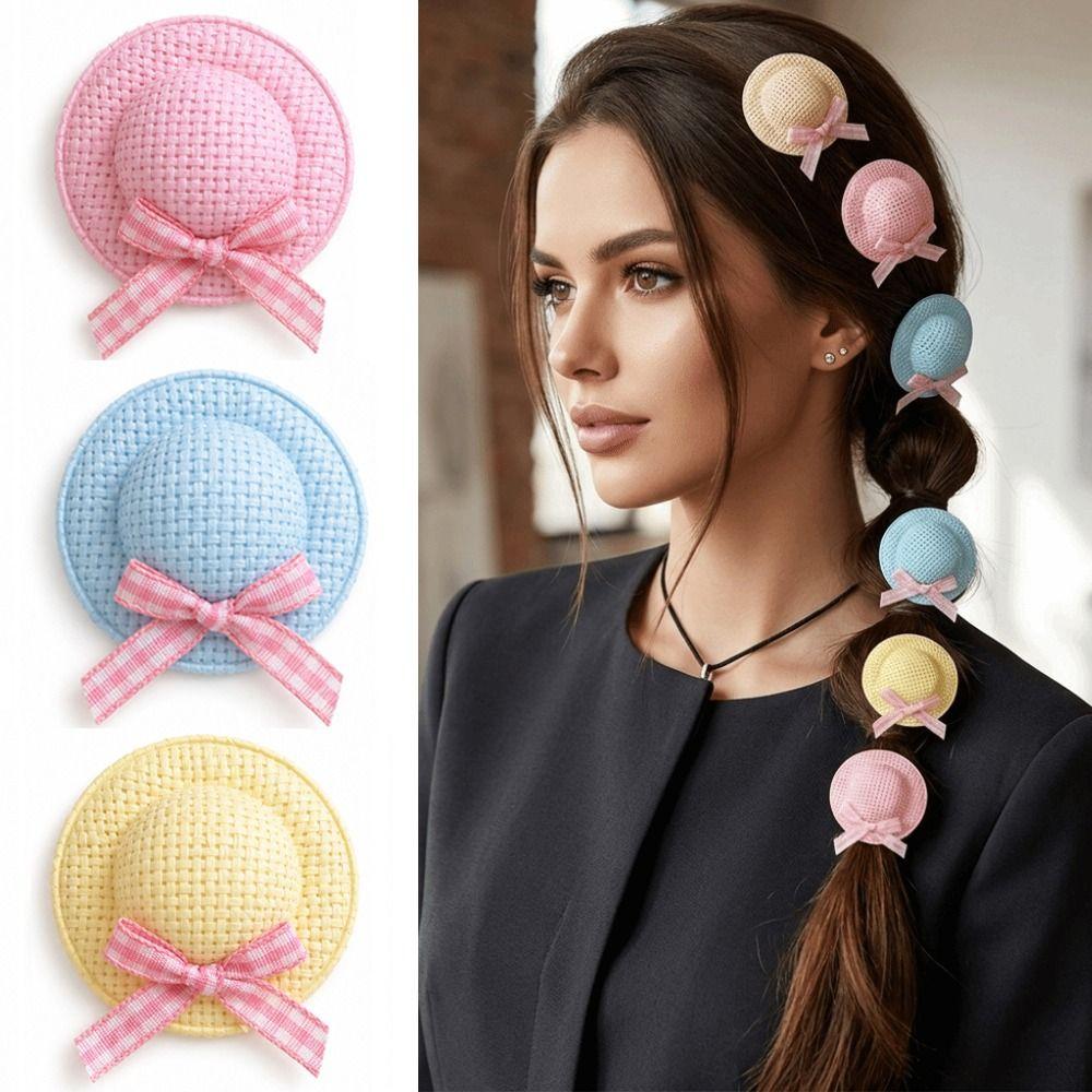 Handmade Straw Hat Hair Clip Butterfly Side Hair Clip Fashion Mini Straw Hat Barrettes Party