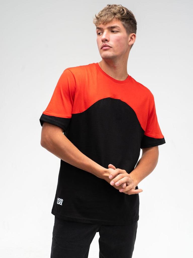 Men's Short Sleeve T-Shirt Black/Red GOOD LUCK Shoulder Pad L
