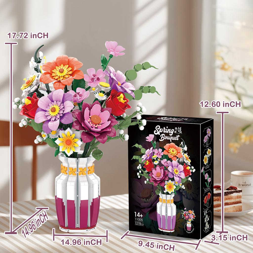 1278 шт. Конструктор «Весенний букет», Цветок с вазой, Модель из кирпичиков, Настольное украшение, DIY игрушки для детей, Праздничные подарки