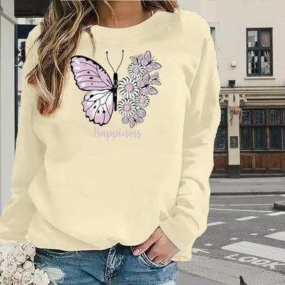 Топы для женщин с принтом ромашек, бабочек и букв, с круглым вырезом и длинным рукавом, футболка, повседневный тонкий женский топ с длинным рукавом