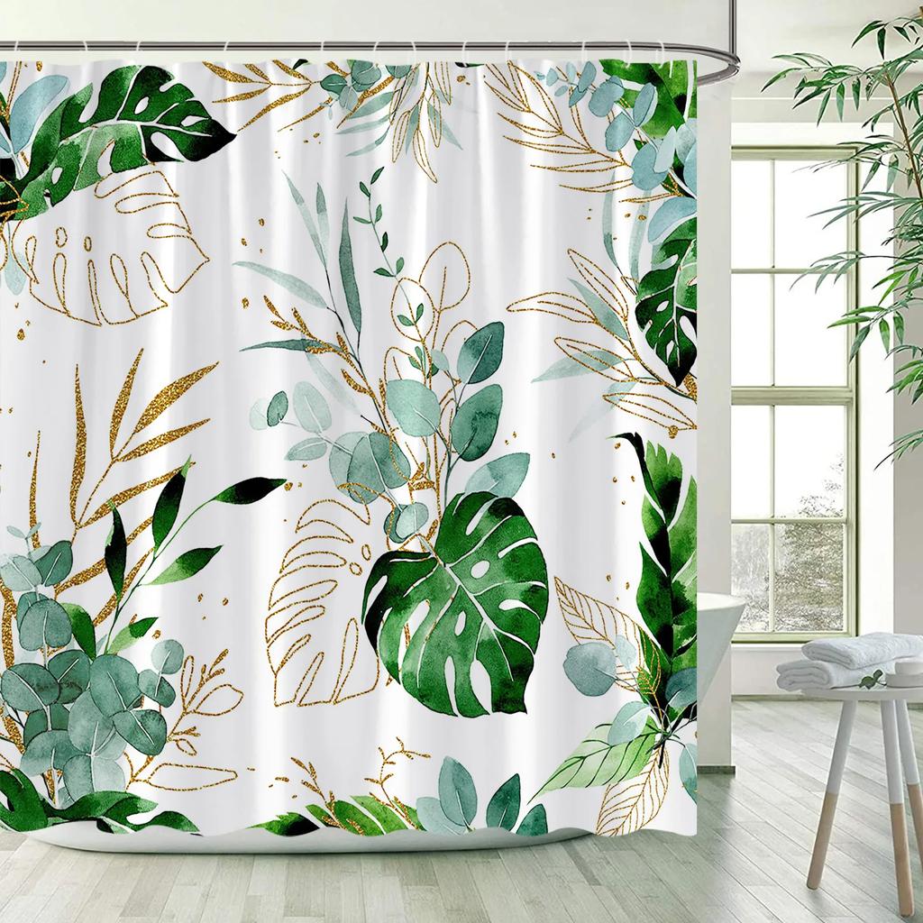 Tropical Leaves Shower Curtains Green Palm Leaf Banana Monstera Jungle Plants Hawaiian Modern Polyester Bathroom Curtain Decor