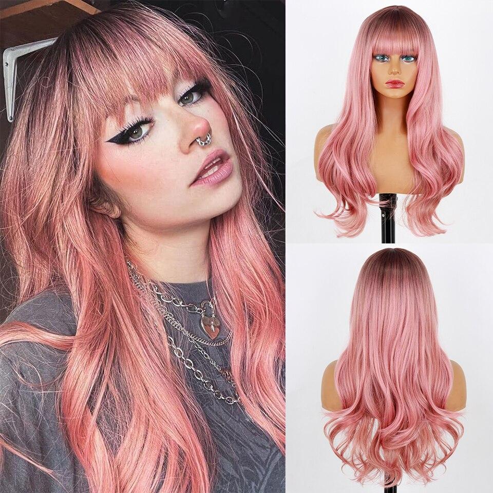 Black Xinran Gradient Pink Long Wave Wig With Bangs Natural Female Wig Synthetic Hair High Temperature Fiber Daily Role Playing