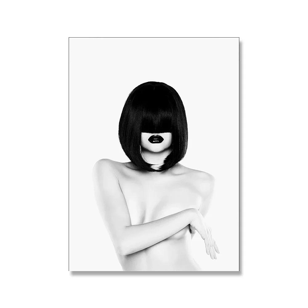 Black White Angel Wings Fashion Poster Nude Woman Wine Glass Canvas Print Painting Sexy Beautiful Girl Vintage Picture Home Deco