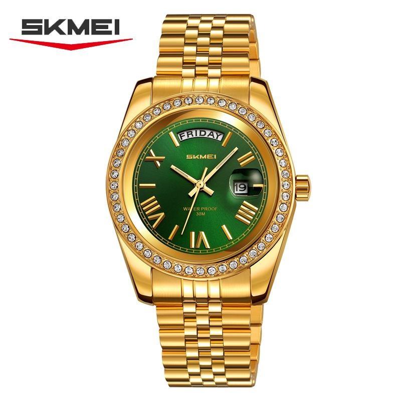 Waterproof Mens Day Date Watch Diamond Bezel Analog Quartz Watch Steel Strap Luxury Dress Wrist Watch for Men