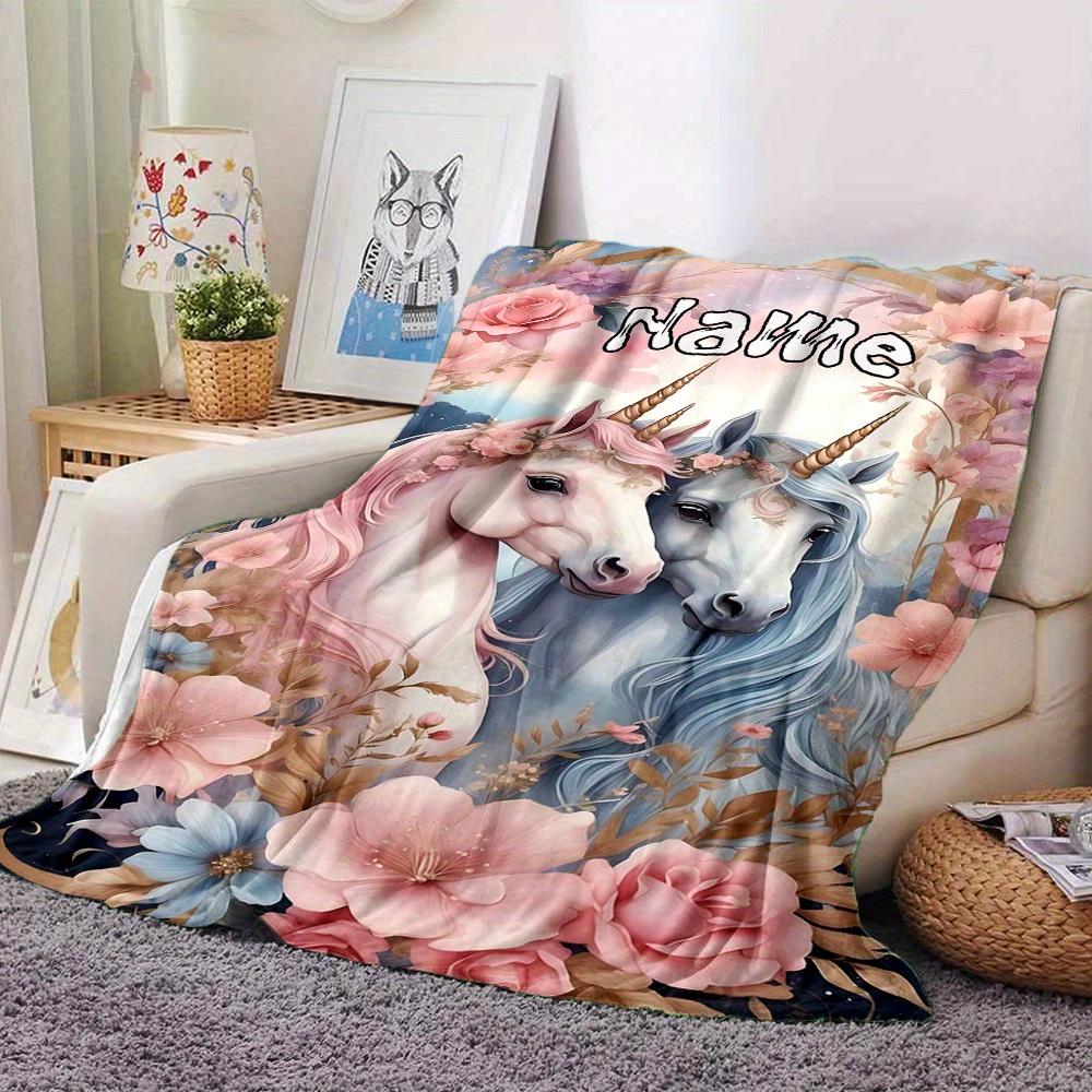 Unicorn Fantasy Floral Four Seasons Blanket Customized With Your Name Lightweight And Warm Perfect Gift For Home Office Camping Sofa Travel Beach