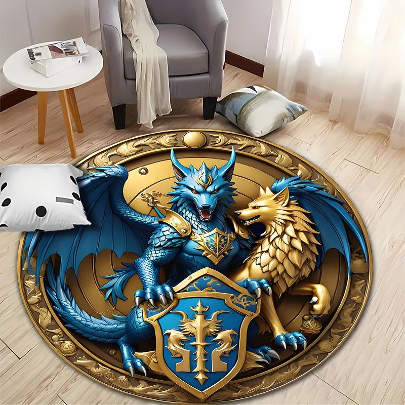 Majestic Dragon and Wolf Round Fantasy Rug round carpet for home sofa bedroom, gift