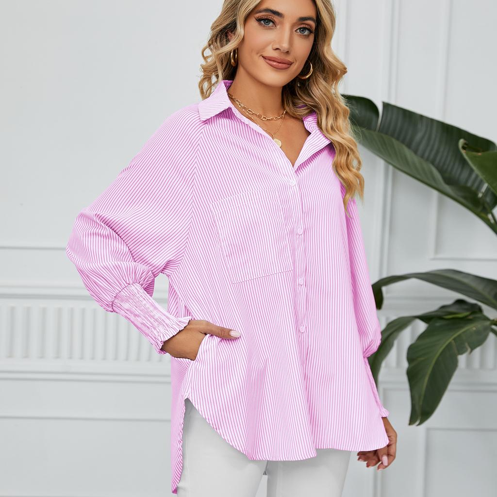 YYFS Женские модные повседневные весенне-осенние рубашки-поло с длинным рукавом и принтом в полоску, блузки и рубашки