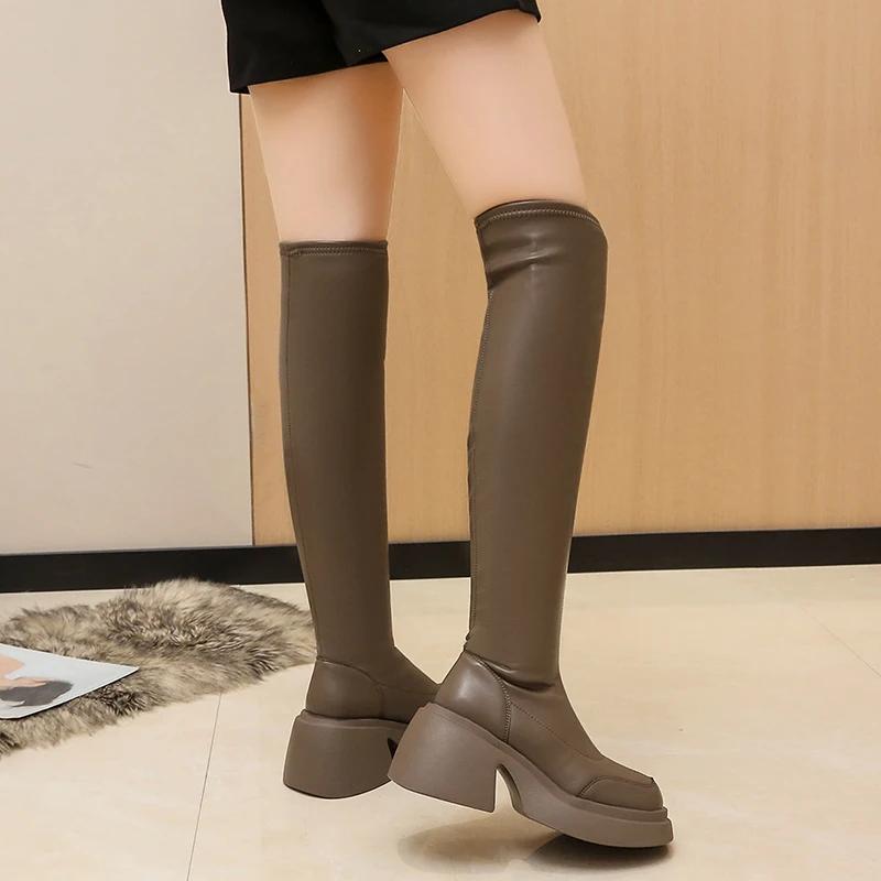 Модные женские сапоги на платформе выше колена Модные туфли с молнией сзади Осень-зима Женские длинные сапоги на толстом каблуке