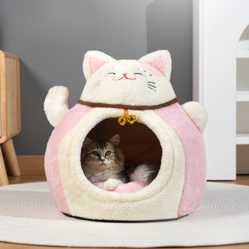 Лежанка для кошек для дома - Кот-талисман Манеки-неко, Пещера-лежанка для кошки, Супермягкая успокаивающая лежанка для питомца, Котенка и Щенка, Маленькой Собаки, Теплый Плюш, Укрытие для кошки
