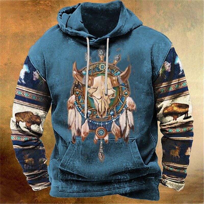 Мужская толстовка с капюшоном Western Cowboy Hooded Sweatshirt North America Demon Wendigo Printed Oversize Harajuku Clothes Vintage Streetwear