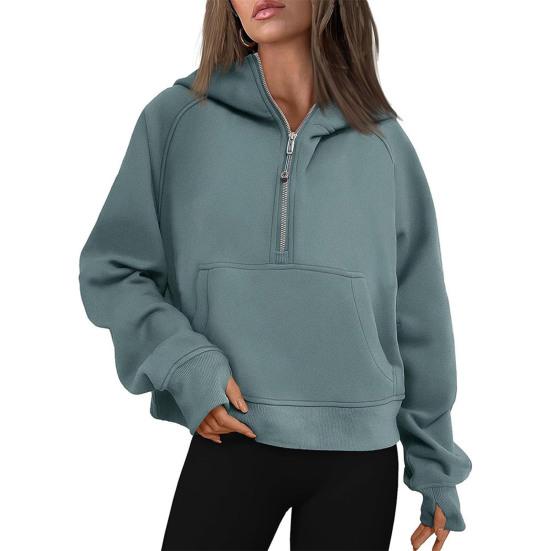 Fall Winter Hoodie Hooded Half Zipper Pocket Long Sleeves Loose Thick Pure Color