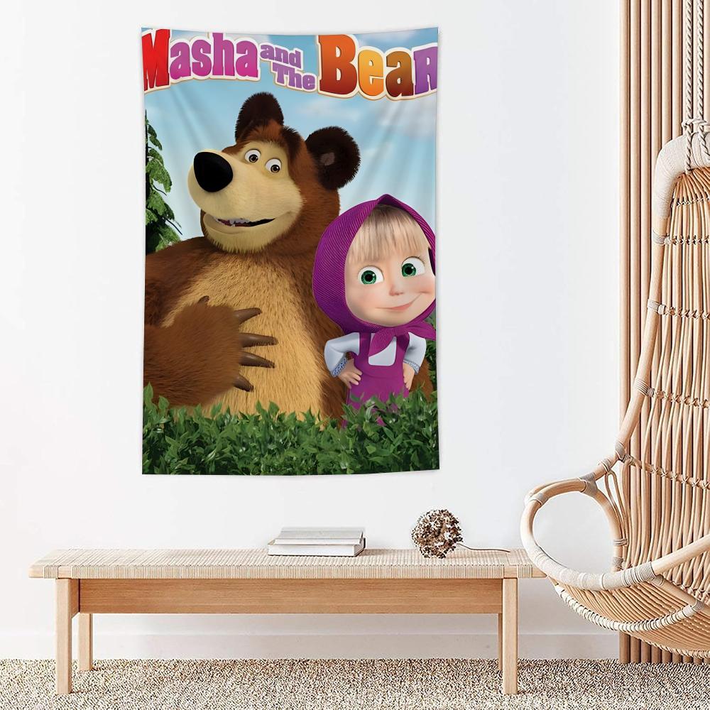 Cartoon MMasha And The Bear Tapestry Microfiber Wall Hanging For Bedroom Living Room Decor Outdoor Festival Bar Background