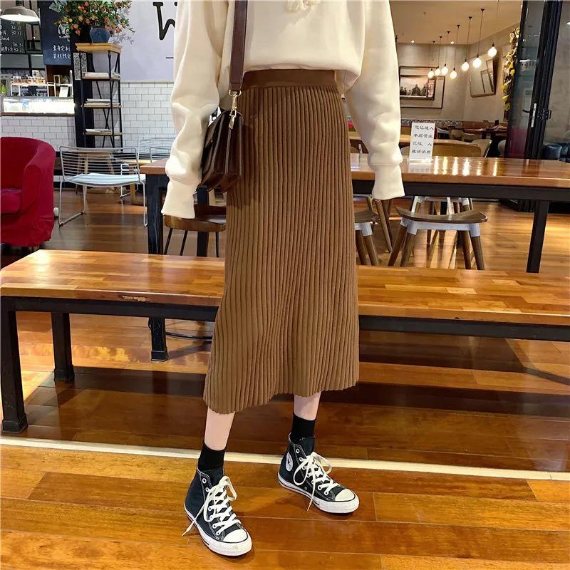 Женские юбки Осень и зима без разрезов Трикотажные юбки средней длины с высокой талией Тонкая юбка трапециевидной формы